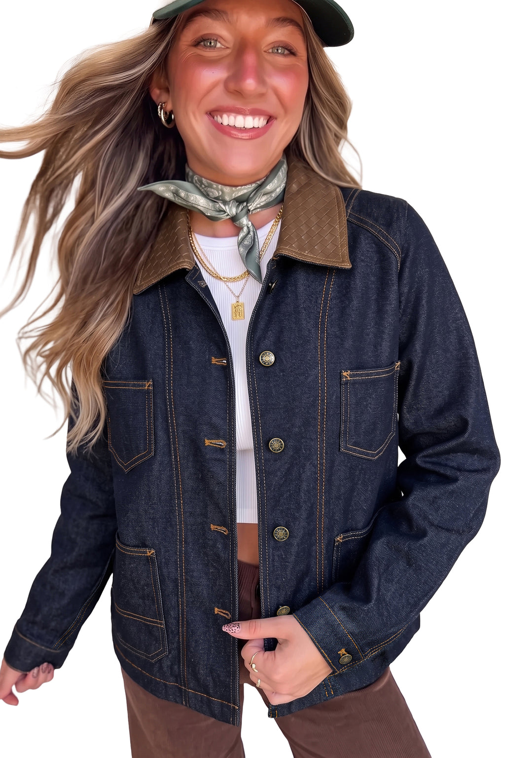 Navy Blue Contrast Collar Stitched Detail Button Denim Jacket