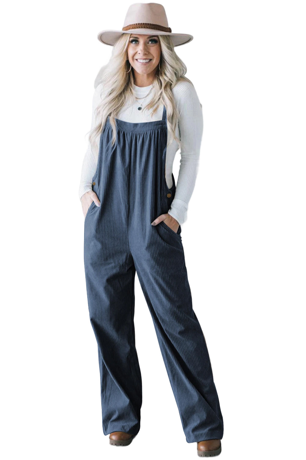Jungle Green Button Adjustable Straps Solid Color Corduroy Jumpsuit