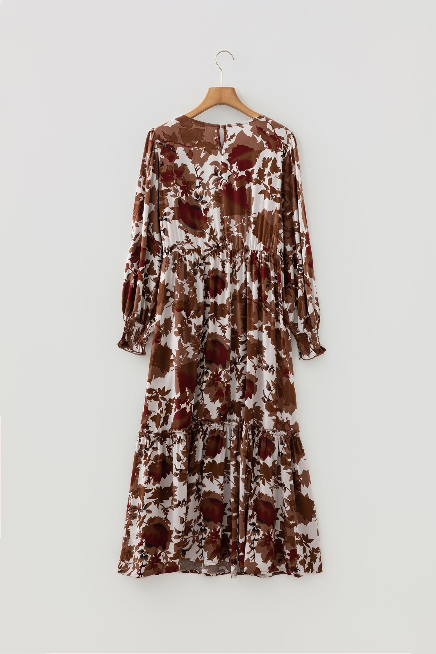 Orange Floral Puff Sleeve Smocked Bodice Ruffled Long Dress