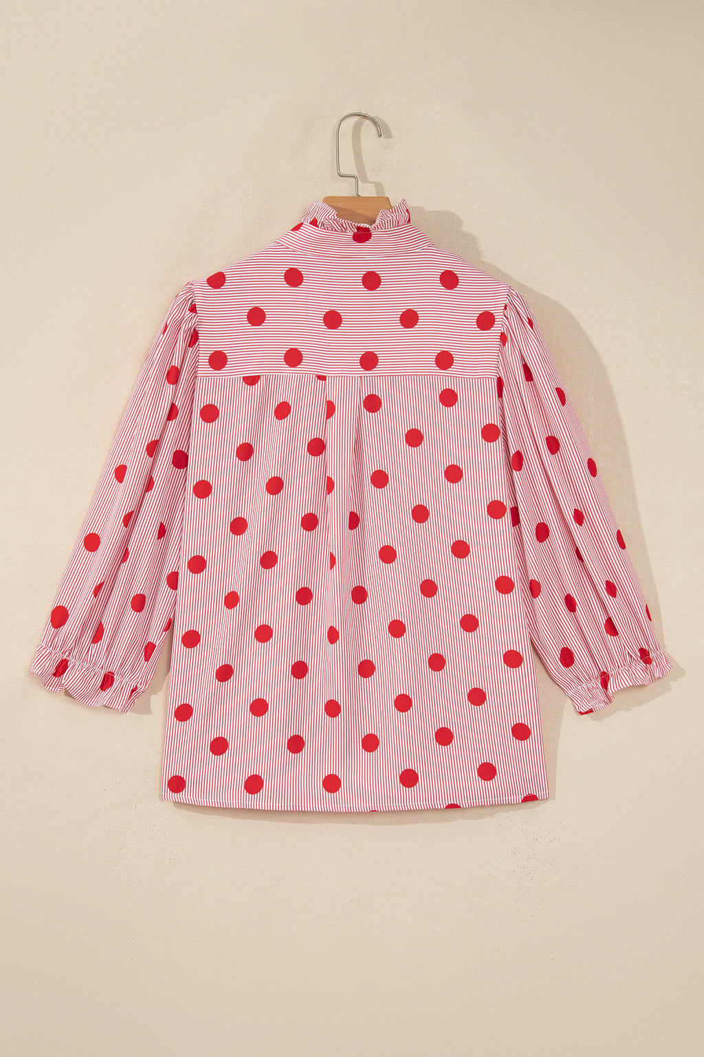 Black white Polka Dot Striped Print Ruffle Stand Neck 3/4 Sleeve Shift Shirt