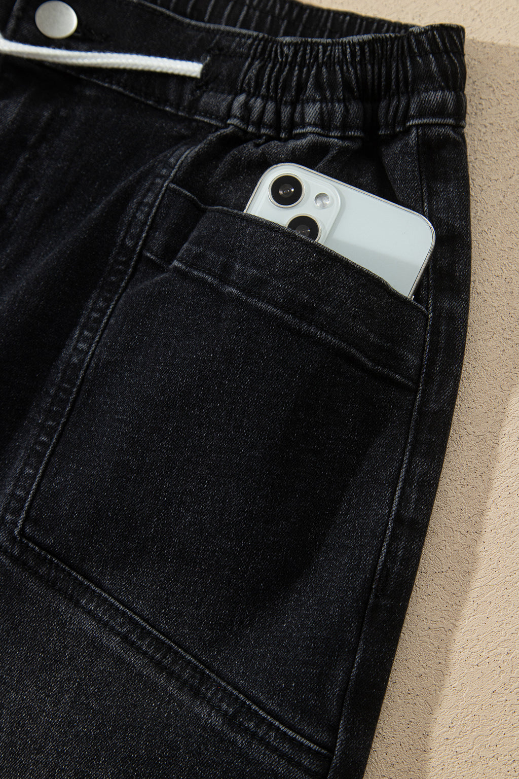 Black Drawstring Waist Ankle Length Casual Jeans Regular Fit Pocket Detail Denim Pants
