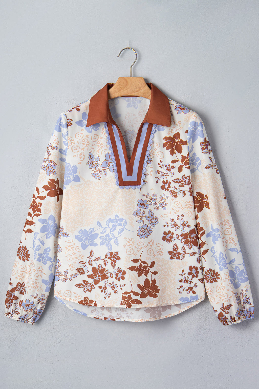 White Floral Print Colorblock V Neck Long Sleeve Blouse