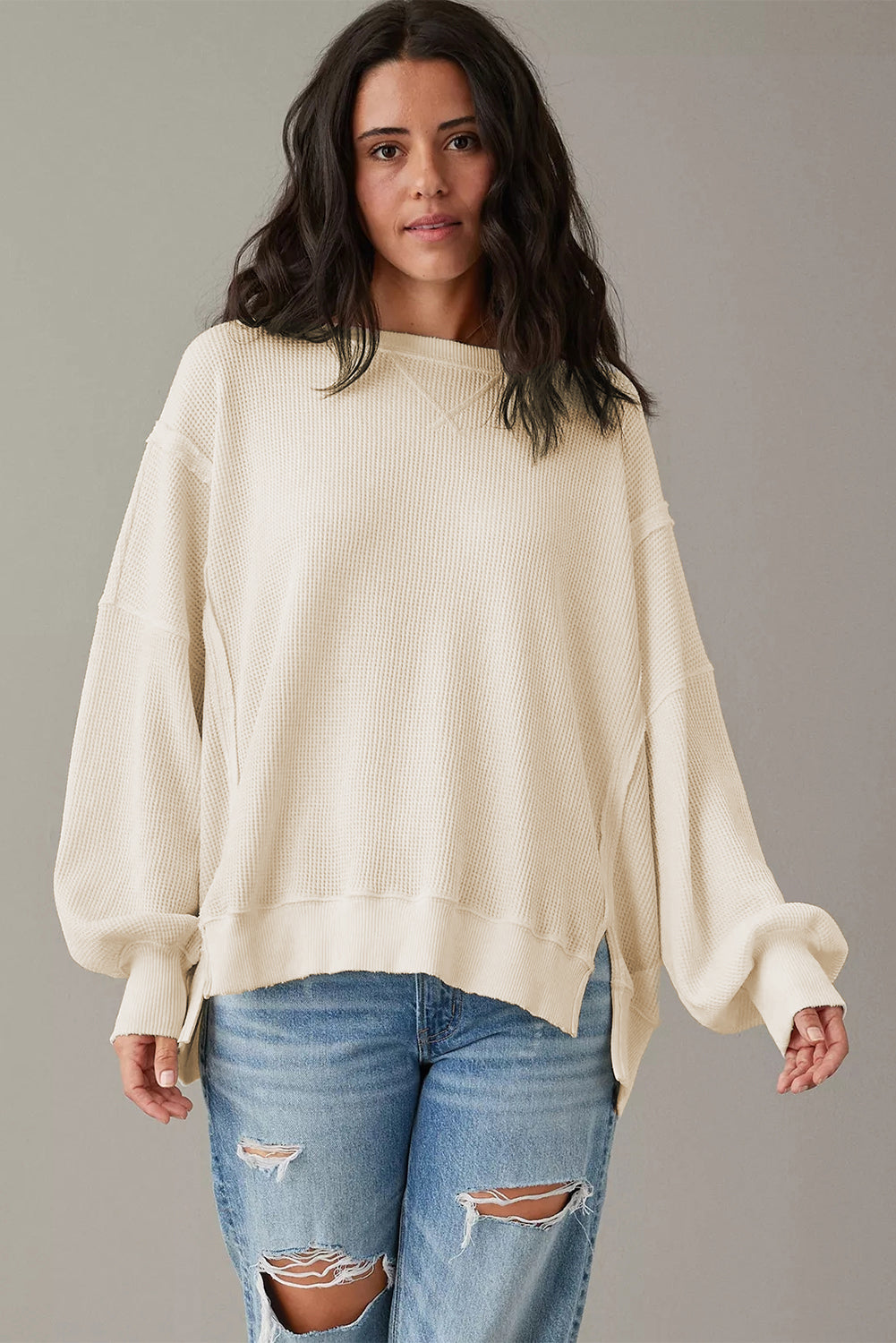 Pink Waffle knit Bishop Sleeve Split Oversized Top
