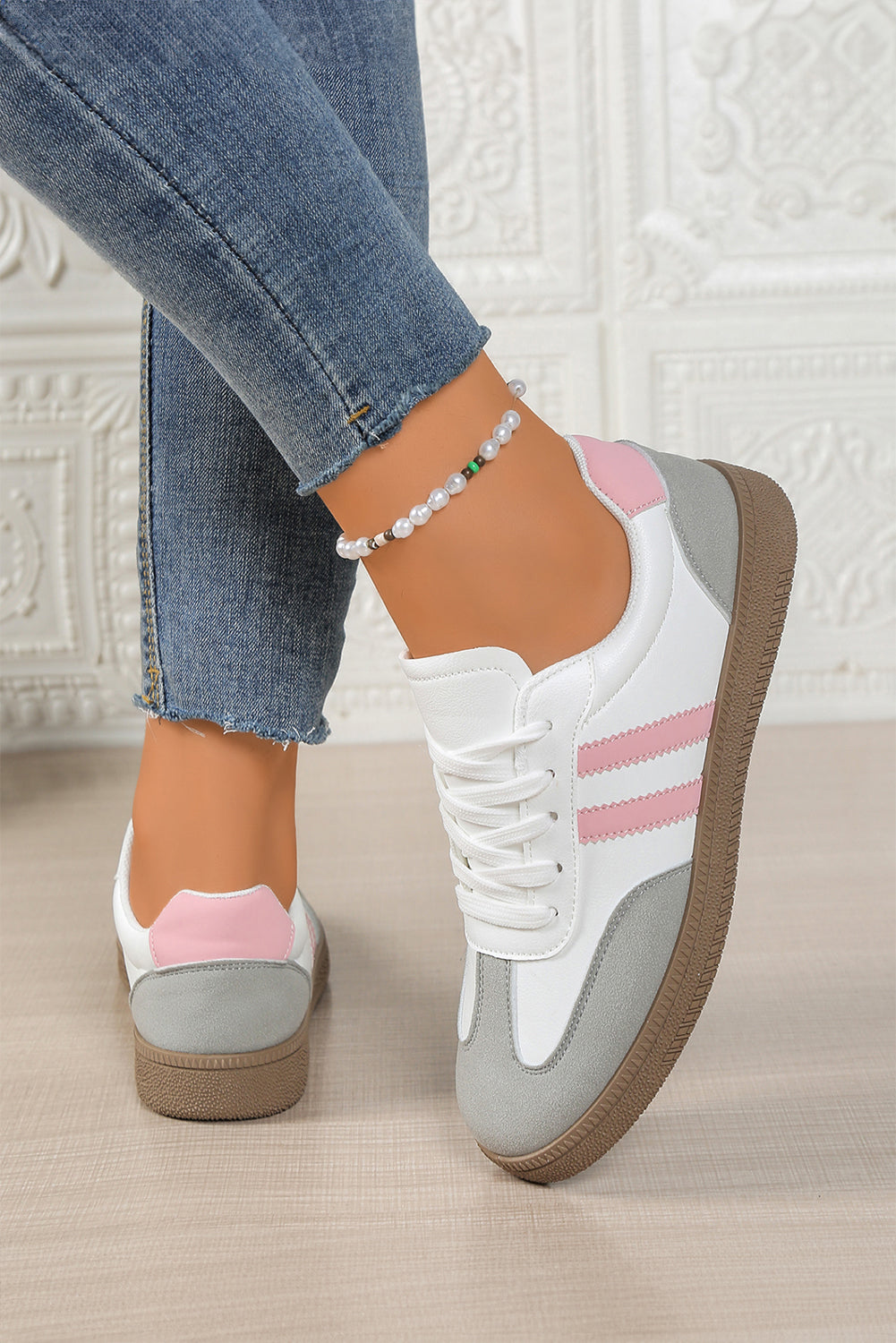 Rose Red Color Block PU Leather Patchwork Lace Up Flat Shoes