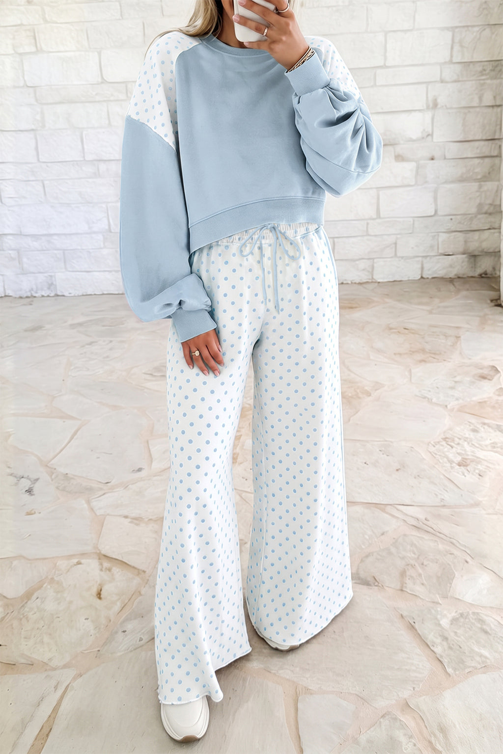 Green Polka Dot Patchwork Colorblock Long Sleeve Casual Two Piece Pants Set
