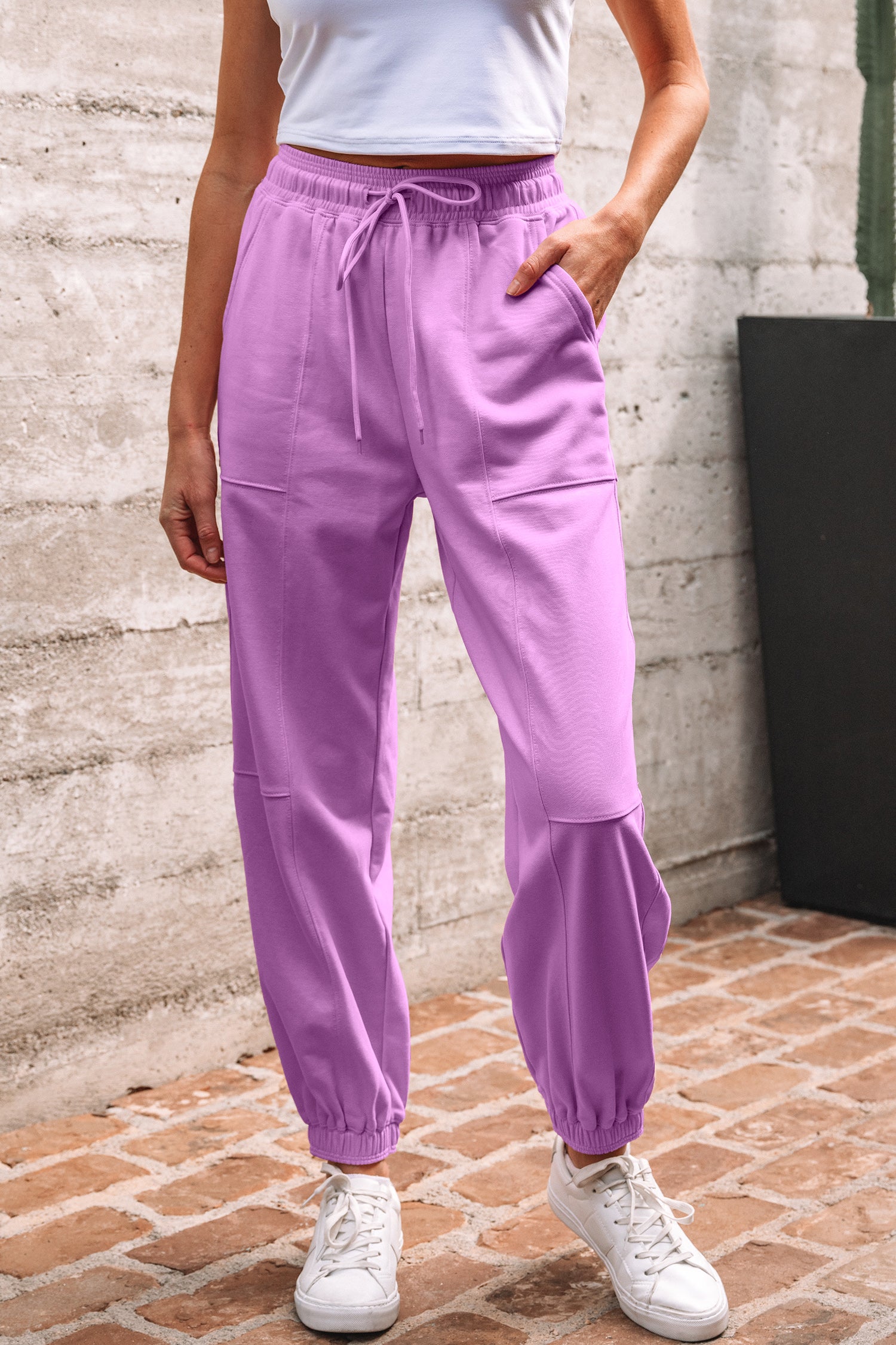 Light Pink Drawstring Elastic Waistband Solid Color Jogger Pants
