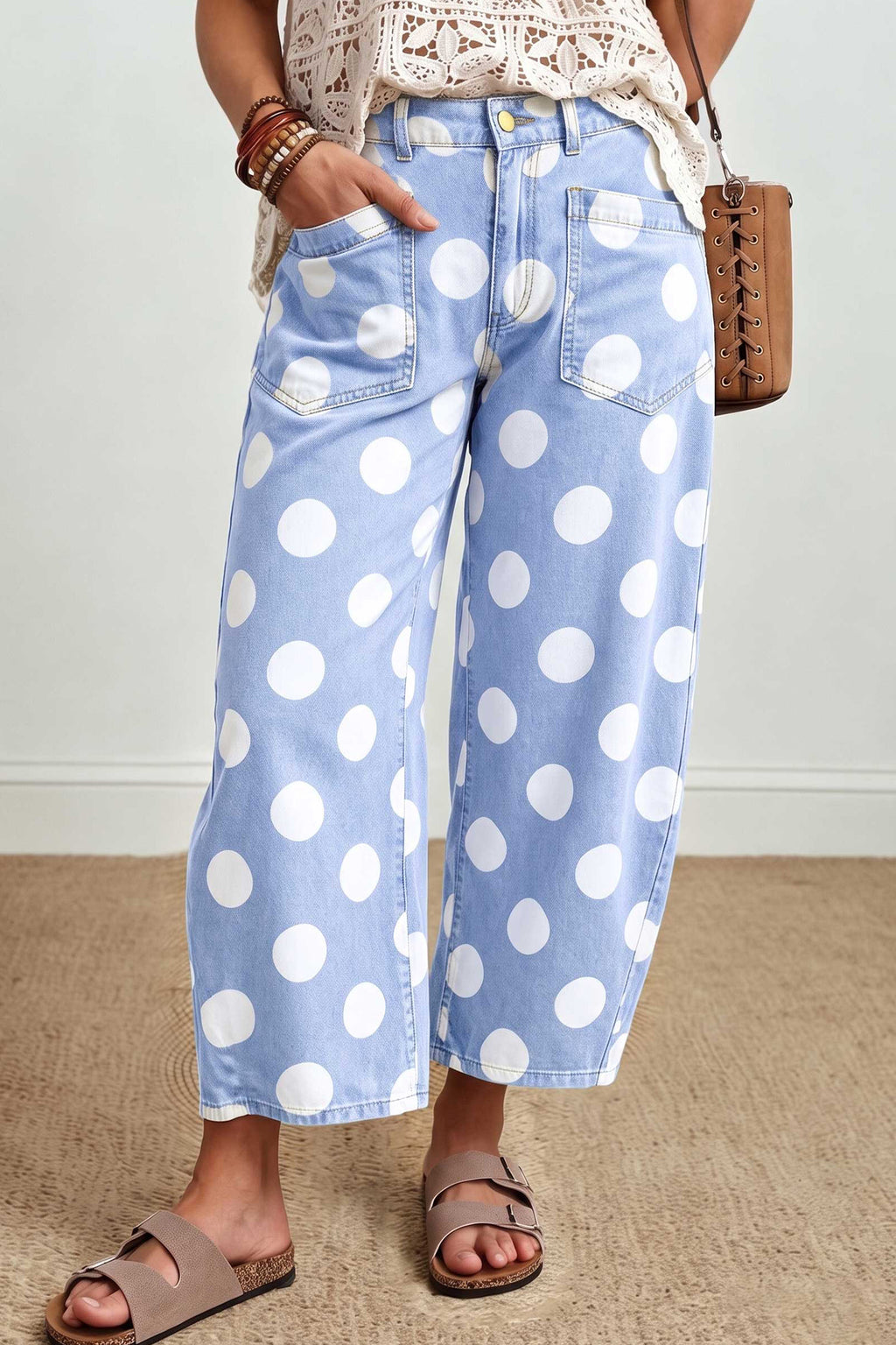 White Polka Dot Ankle-Length Barrel Jeans