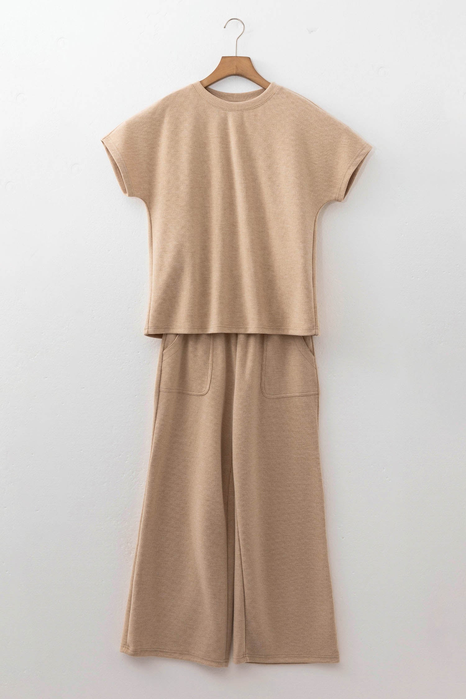 Light French Beige Short Sleeve Ribbed Top Wide Leg Pants Two Piece Set