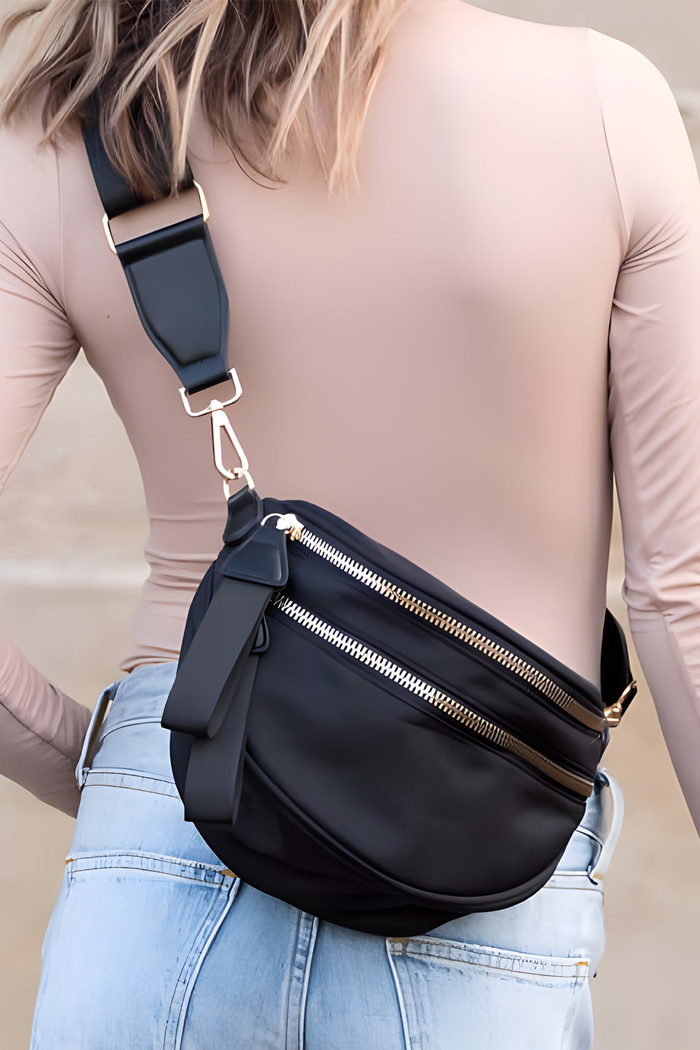 Pink Double Zip Crescent Shape Adjustable Sling Bag