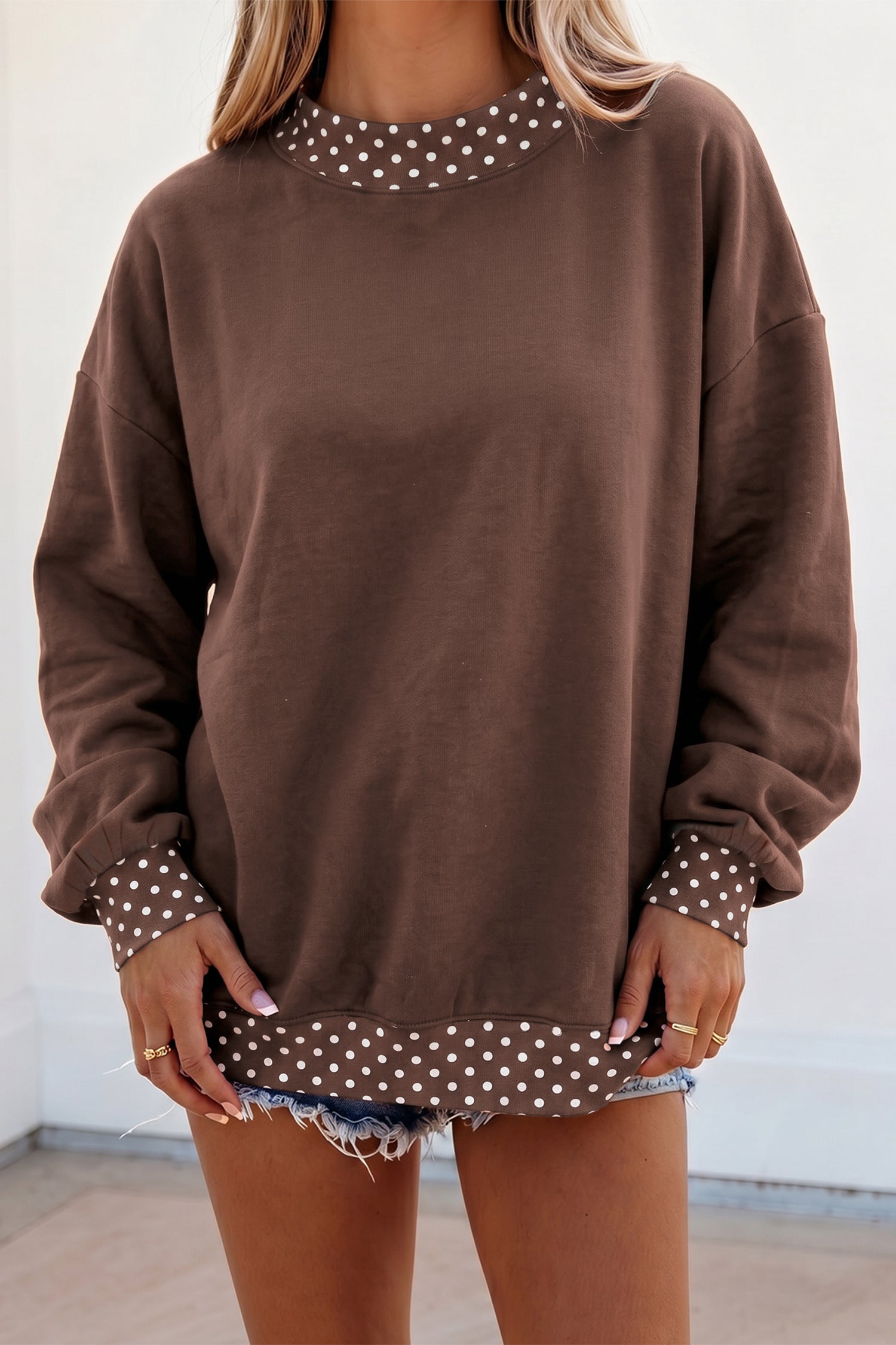 Pink Colorblock Polka Dot Contrast Trim Oversized Sweatshirt