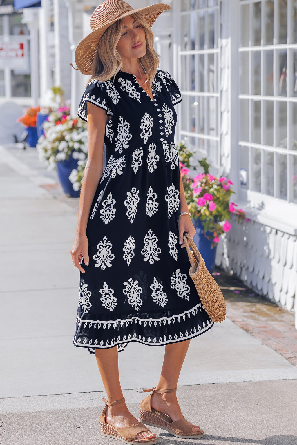 Blue Western Ethnic Print Notched Neck Short Sleeve Midi Dress