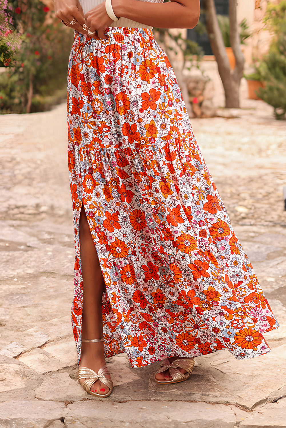 Sky Blue Bohemian Floral Print Tiered Maxi Skirt with Split