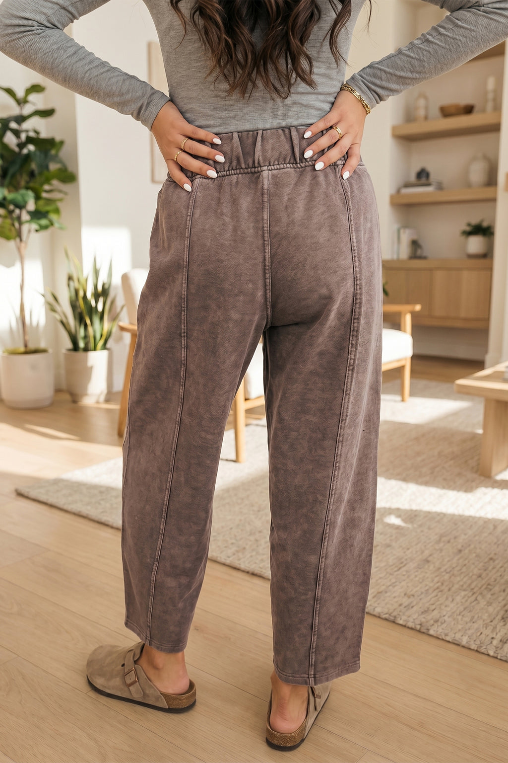 Carbon Grey Mineral Wash Seam Detail Elastic Waist Barrel Pants