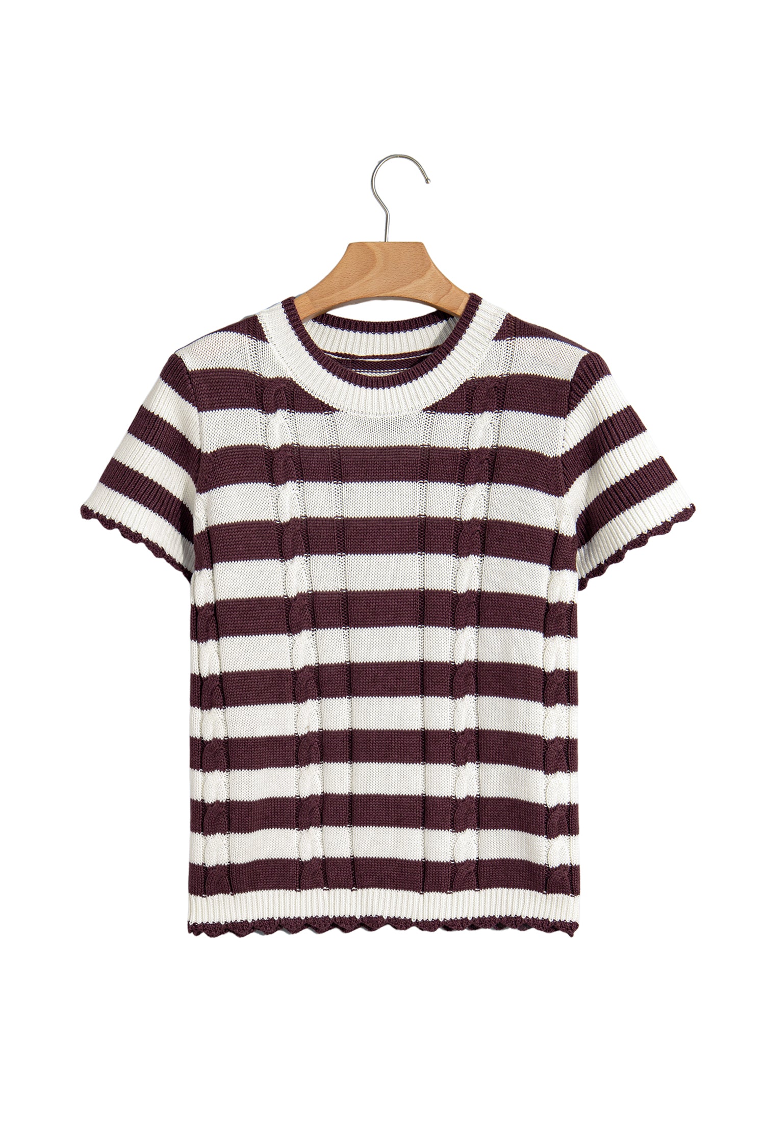 Brown Stripe Ribbed Knit Cable Detail Short Sleeve Sweater