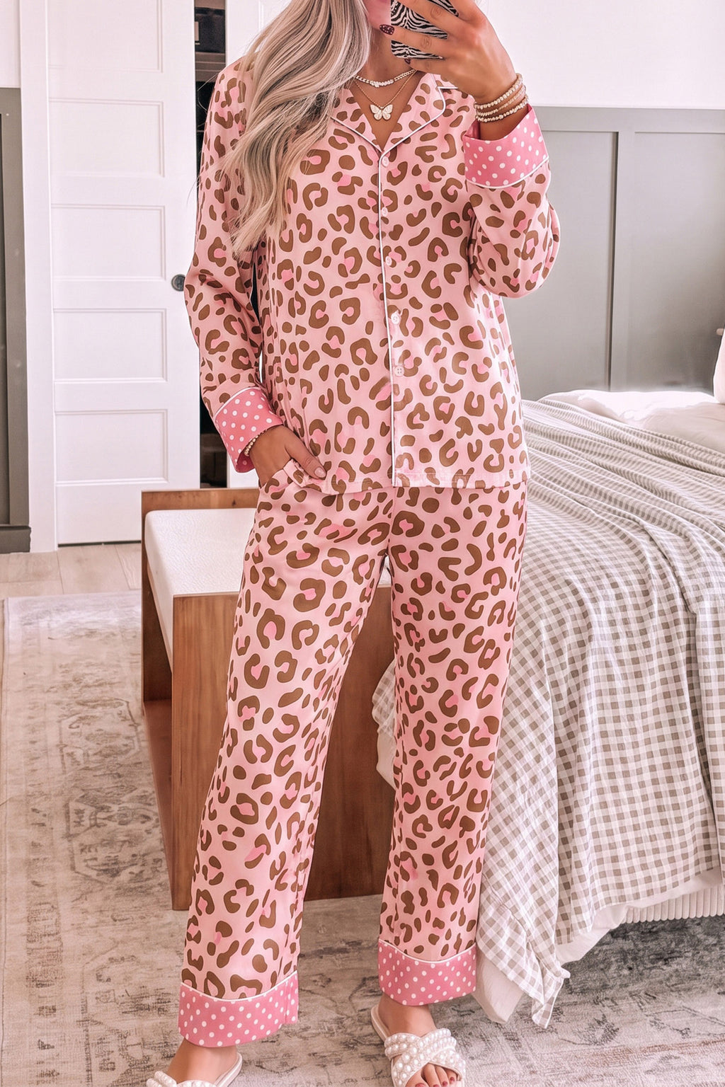 Pink Leopard Print Polka Dot Trim Lapel Shirt and Pants 2pcs Pajama Set