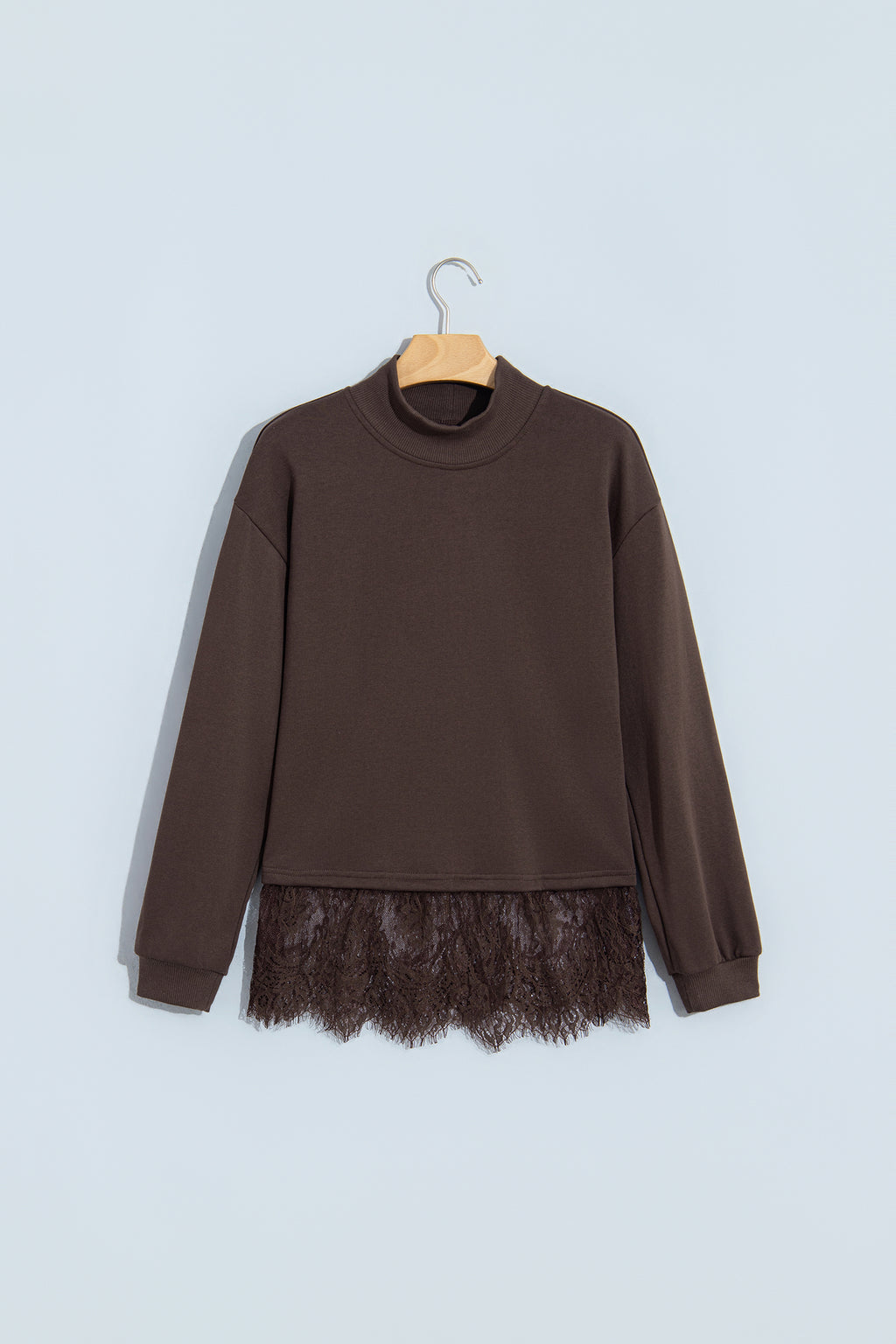 Coffee Solid Color High Neck Lace Splicing Hem Pullover Sweatshirt