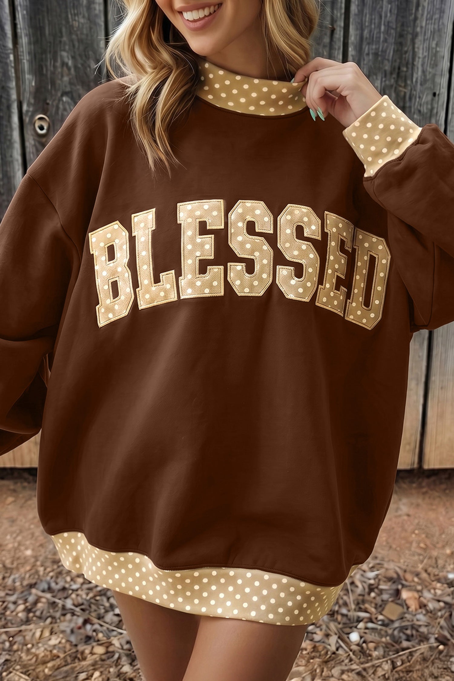 Parchment Leopard Trim High Neck FAITH Letter Graphic Baggy Sweatshirt