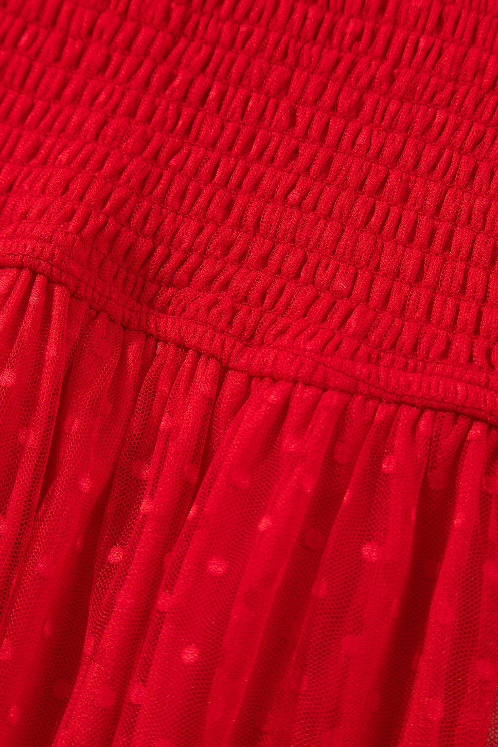 Fiery Red Tiered Tulle Smocked Bodice Puff Sleeve Dress