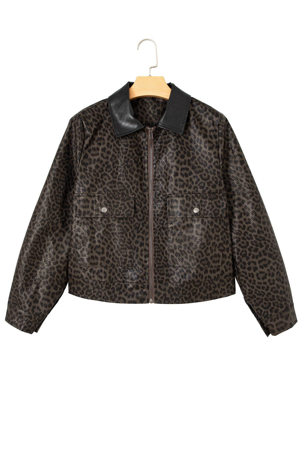 Multicolour Leopard Print Colorblock Collar Metal Placket Jacket