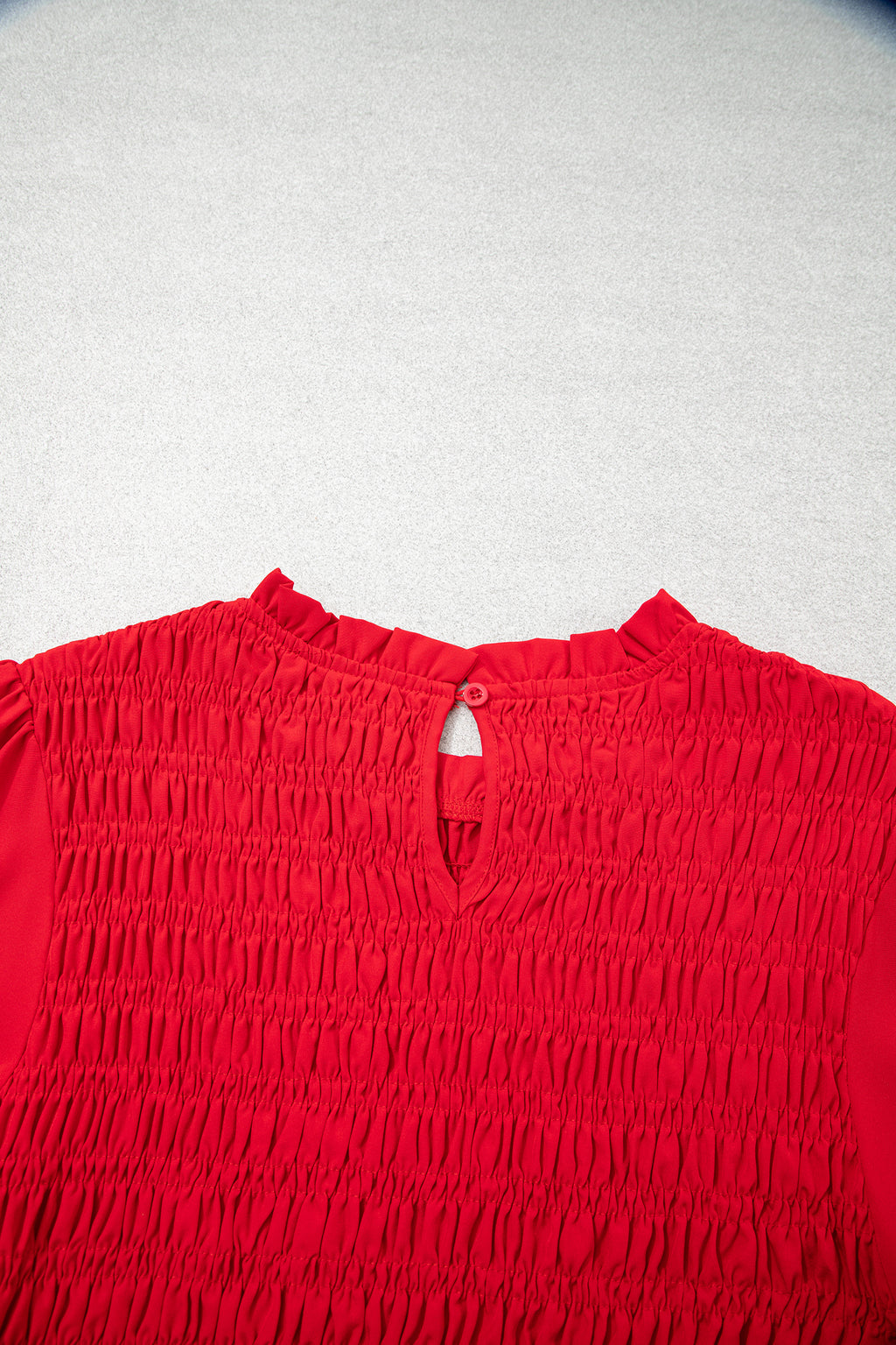 Racing Red Solid Color Smocked Ruffle Hem Long Sleeve Blouse