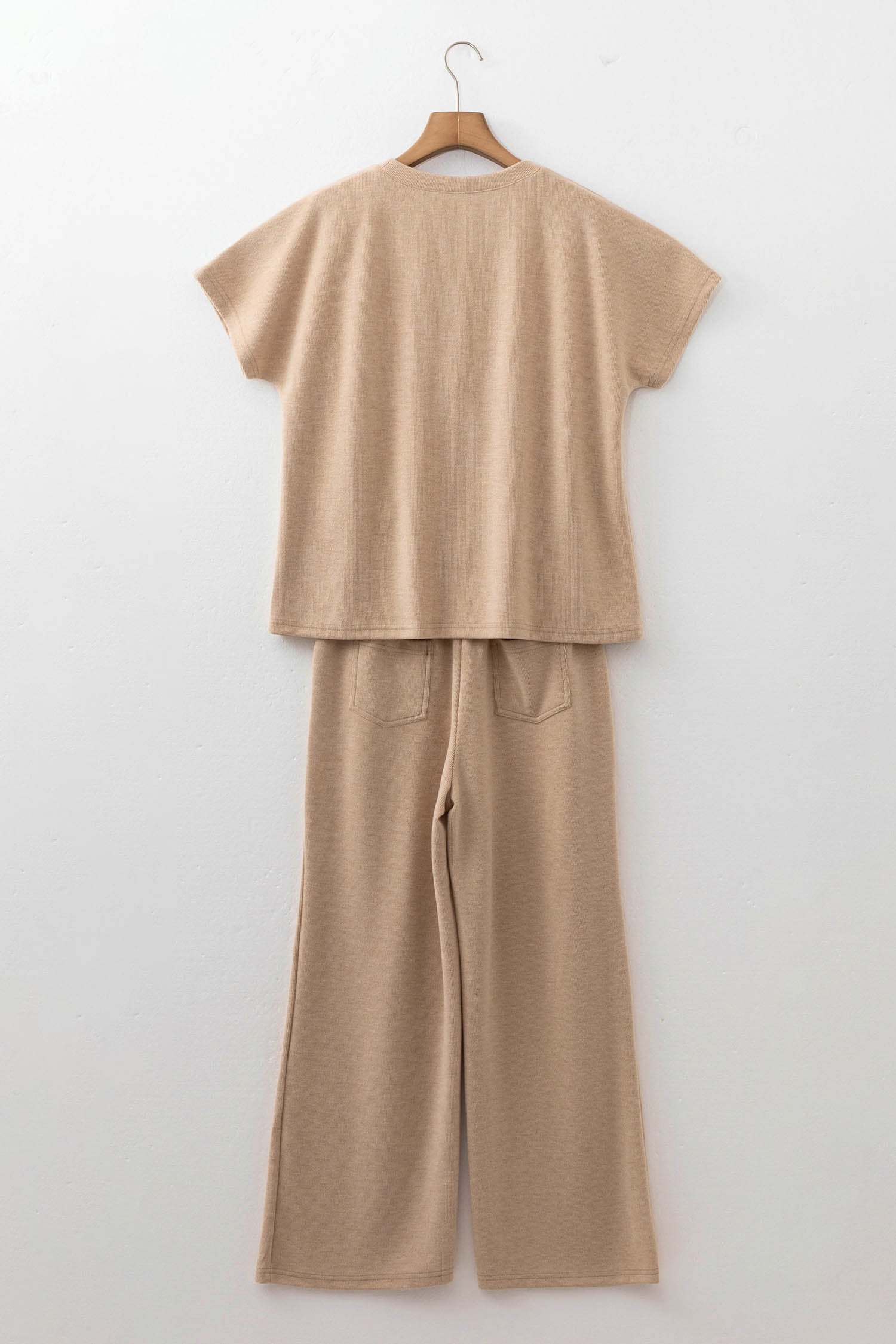 Light French Beige Short Sleeve Ribbed Top Wide Leg Pants Two Piece Set