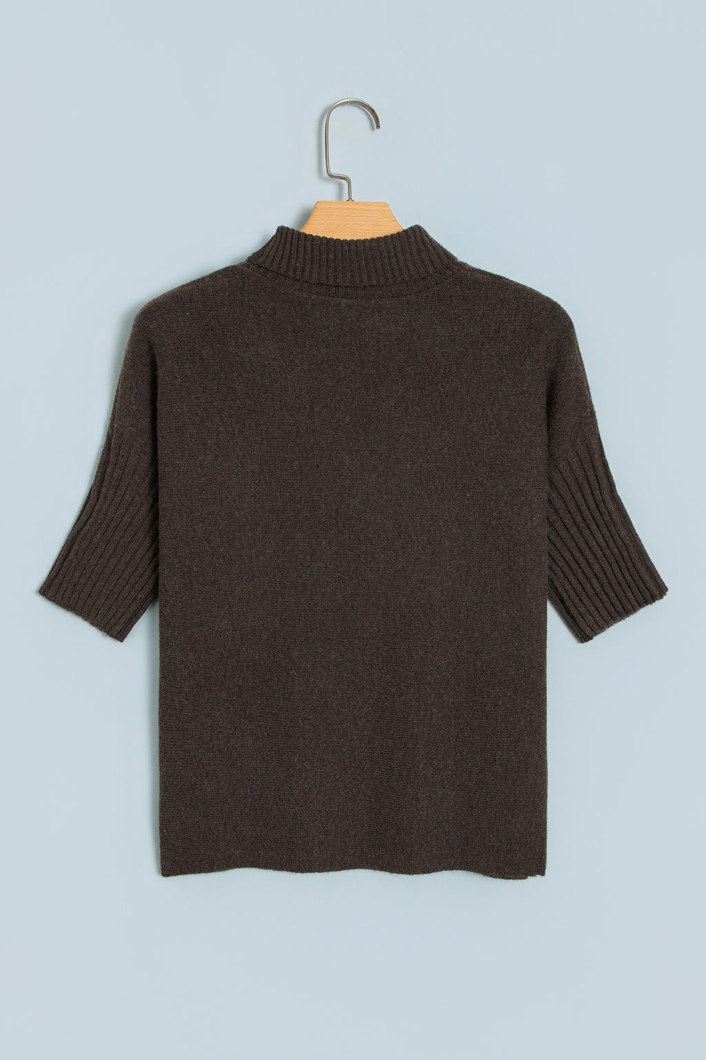 Dark Brown Ribbed Trim High Neck Short Sleeve Casual Sweater