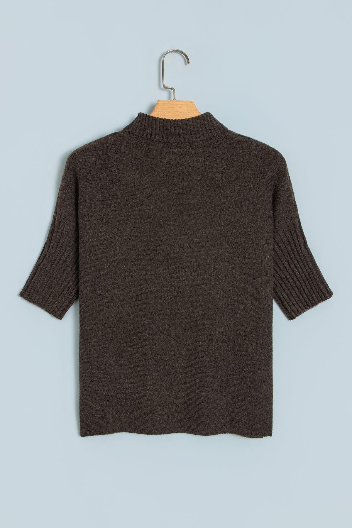 Dark Brown Ribbed Trim High Neck Short Sleeve Casual Sweater