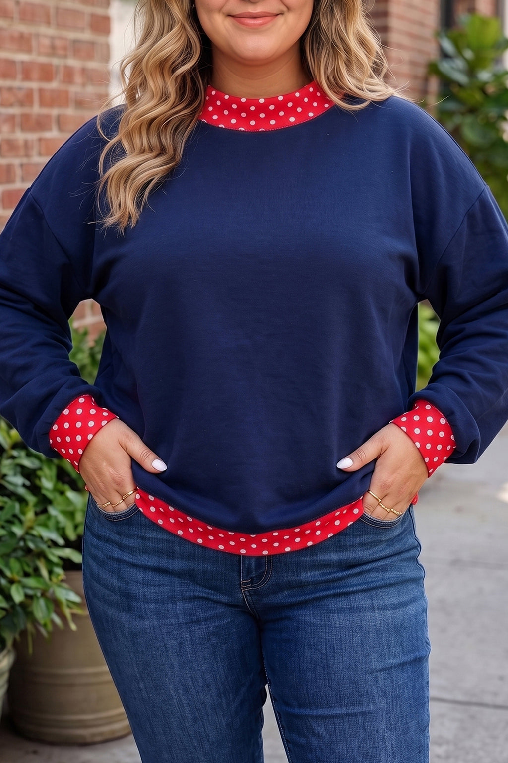 Red Polka Dot Patchwork Round Neck Plus Size Sweatshirt