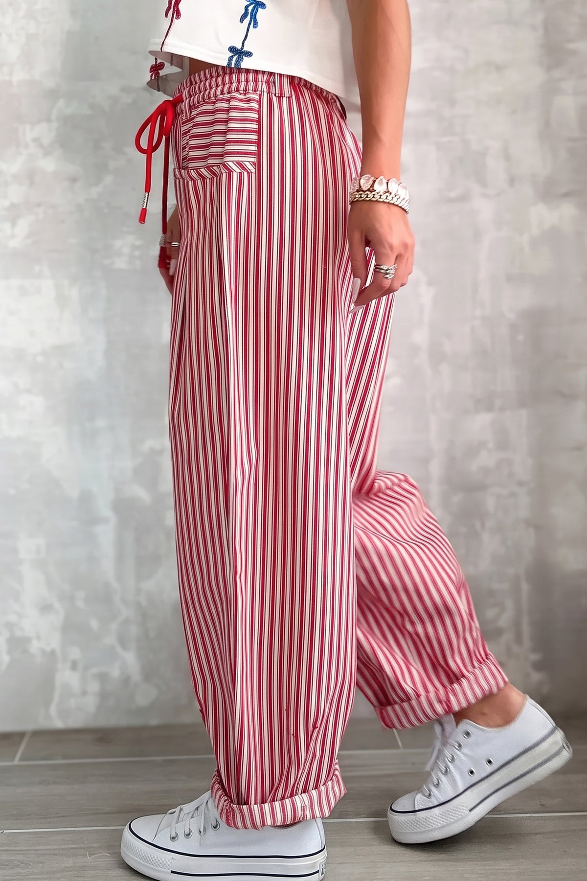 Blue Stripe Drawstring Casual Loose Pants