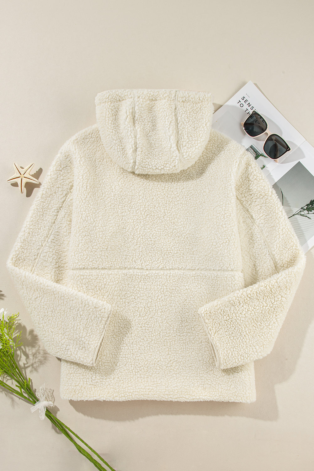 Beige Fleece Zip-up Drawstring Hooded Pocketed Jacket