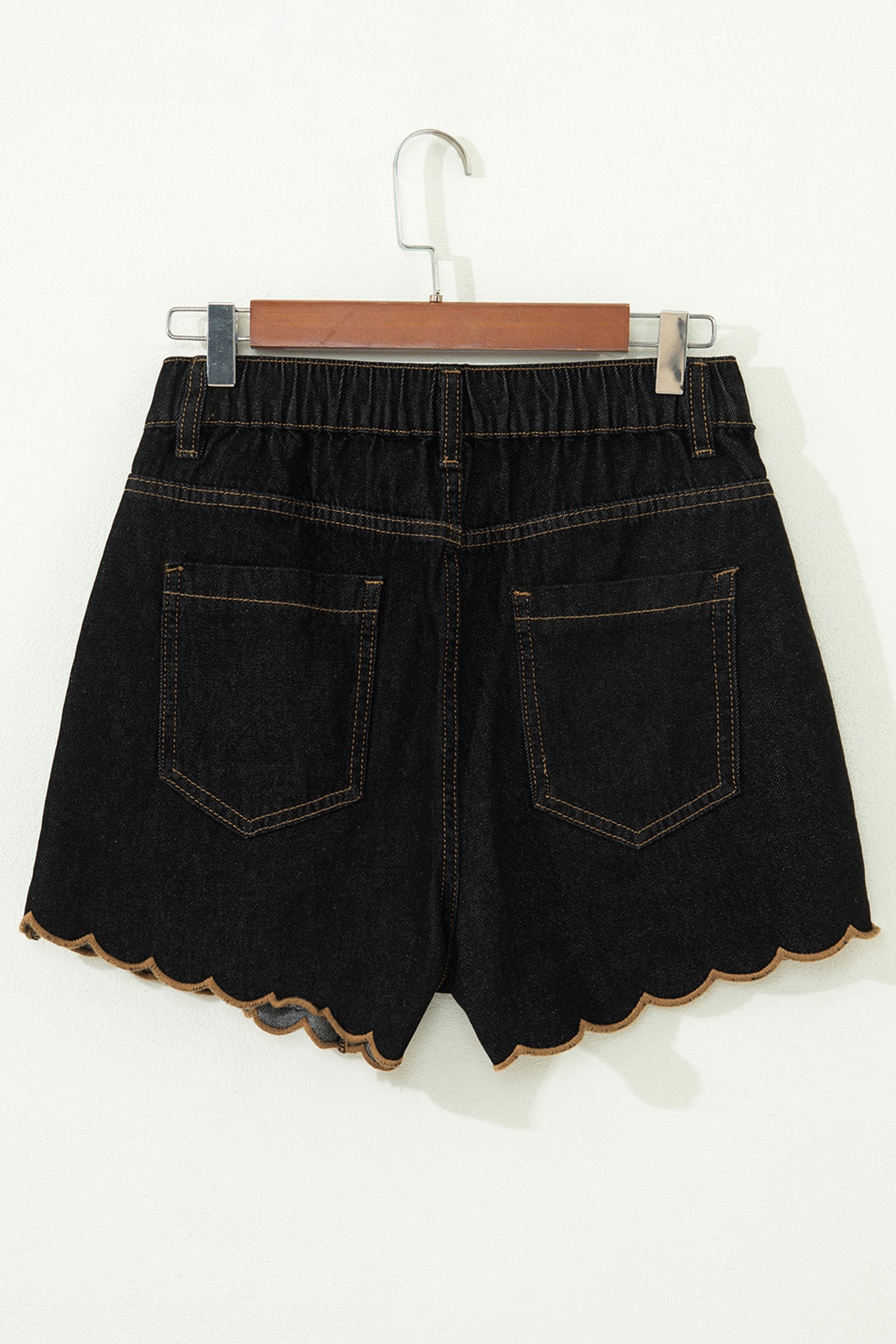 Navy Blue Embroidered Scalloped Trim Relaxed Denim Shorts