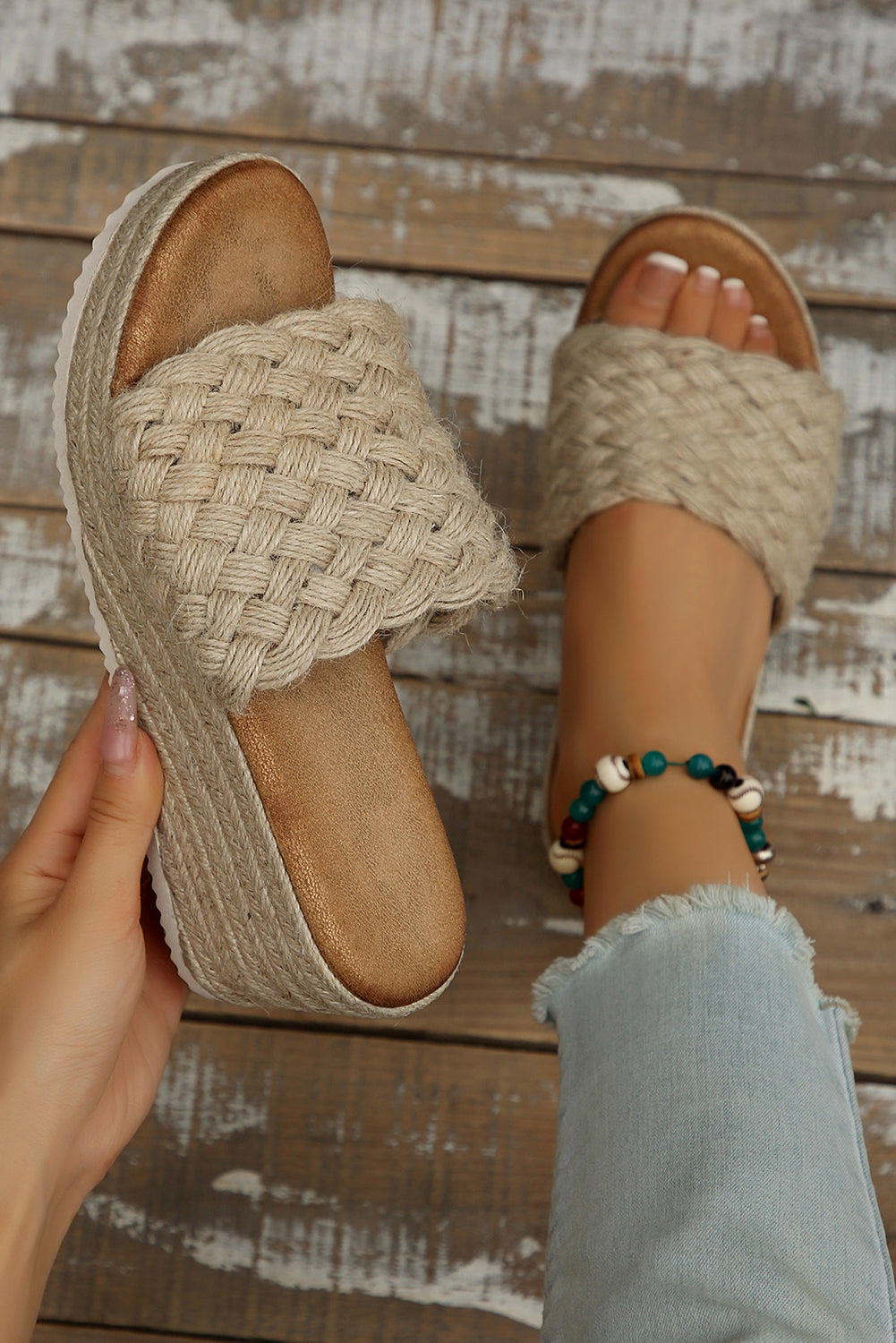 White Woven Wide Band Platform Slippers