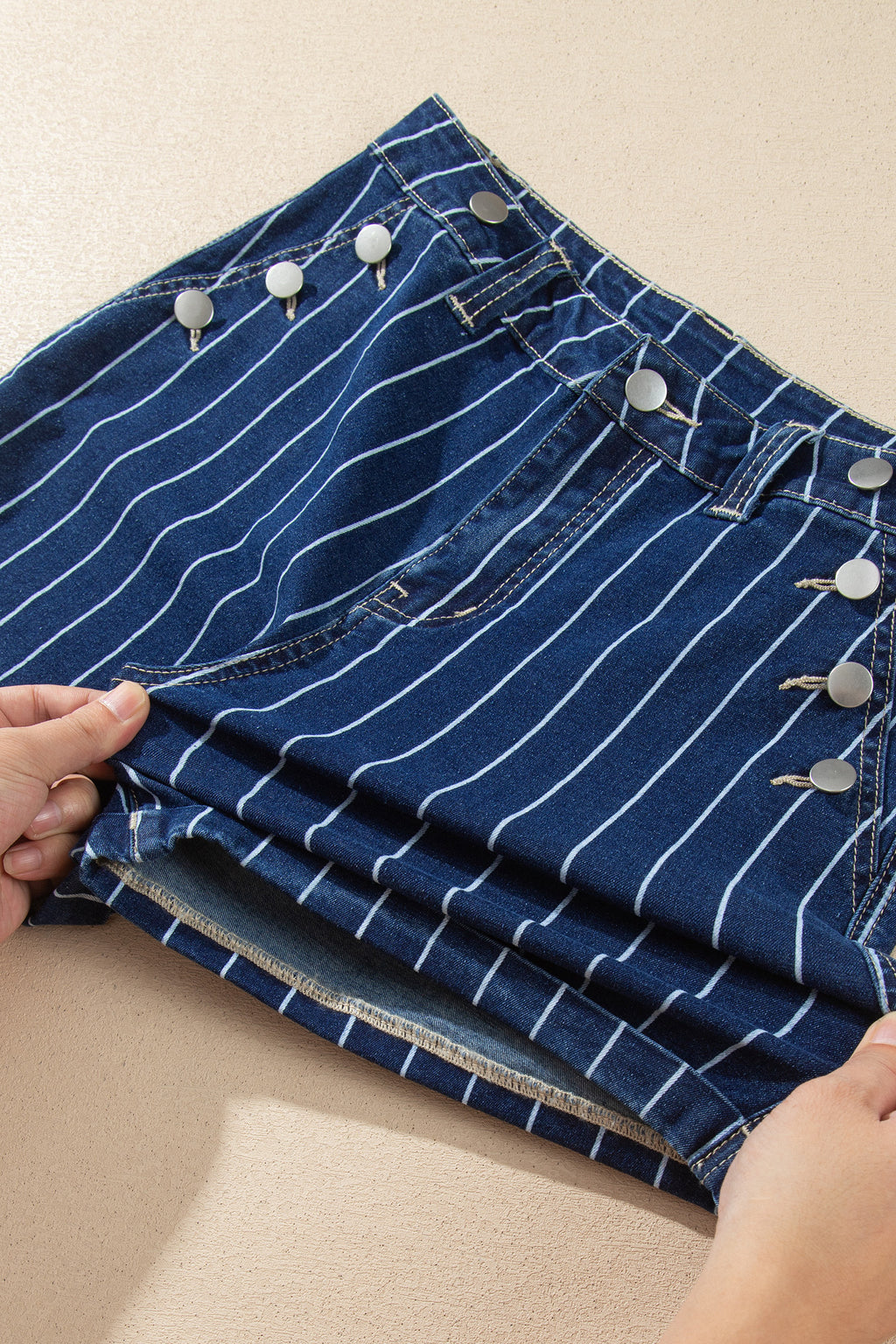 Blue Stripe Metal Button Detail Denim Shorts