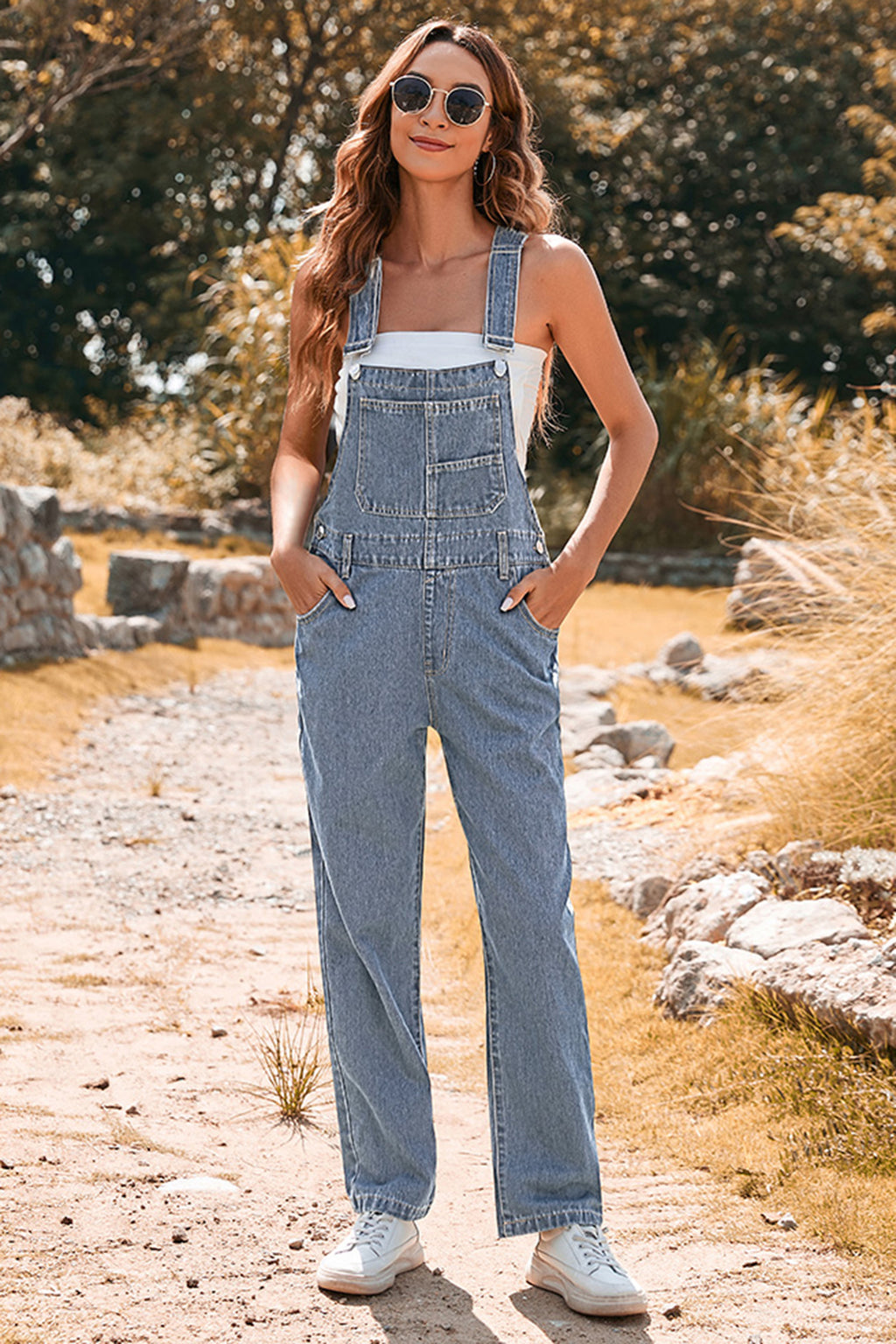 Dark Blue Retro Bib Pocket Buckle Straps Casual Denim Jumpsuit