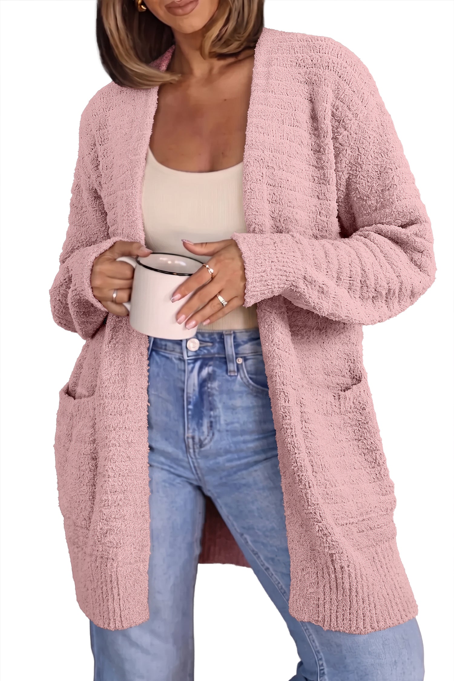 Light Pink Open Front Soft Fuzzy Ribbed Sweater Cardigan