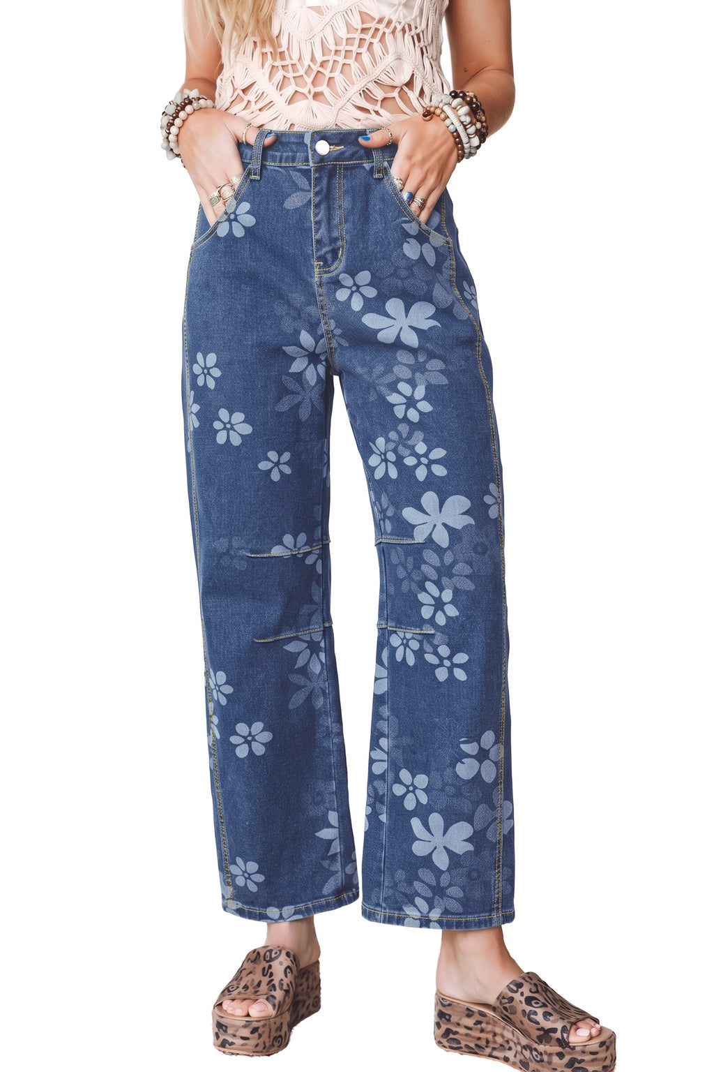 Blue Floral Print Ankle Length Casual Pocket Jeans