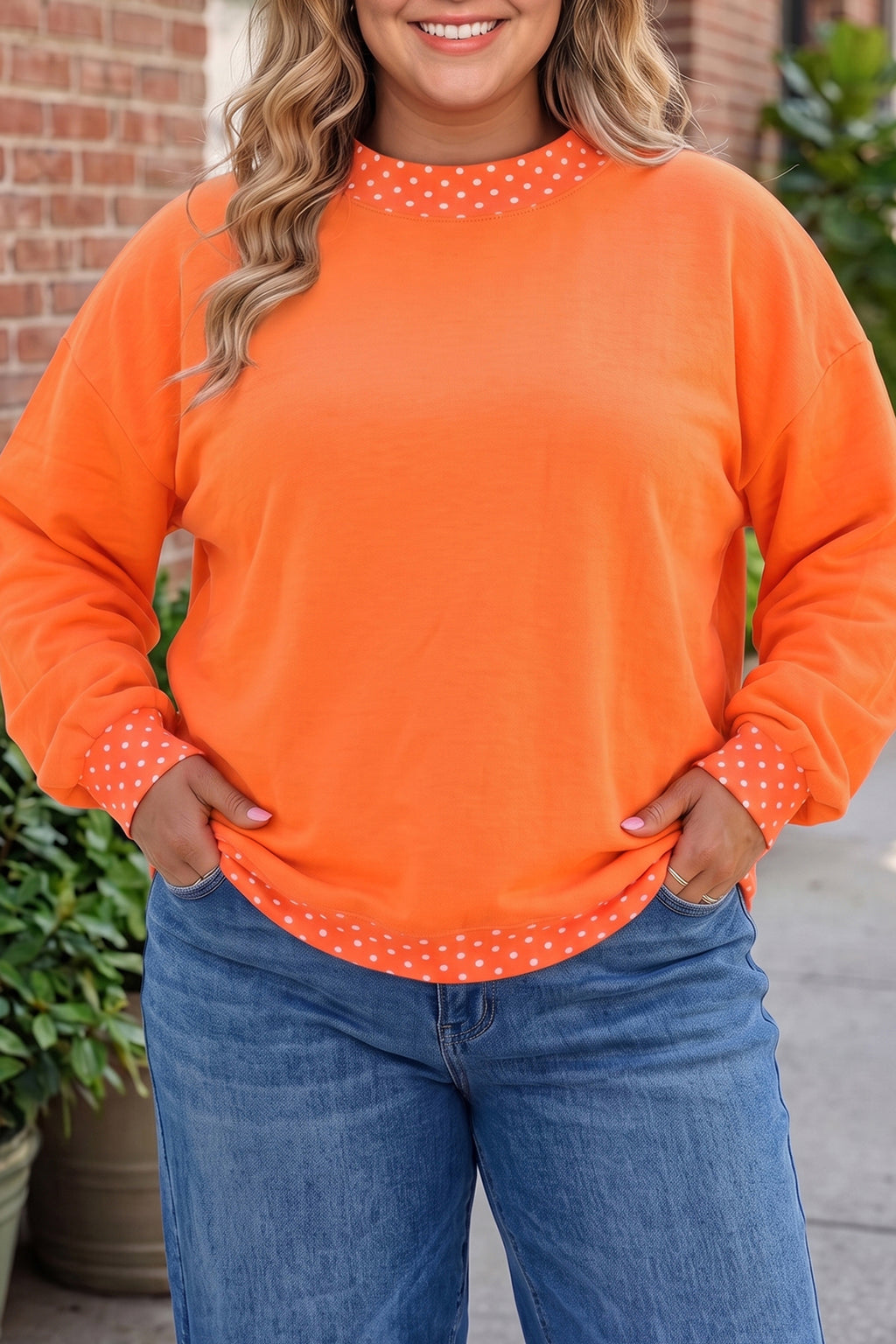 Red Polka Dot Patchwork Round Neck Plus Size Sweatshirt
