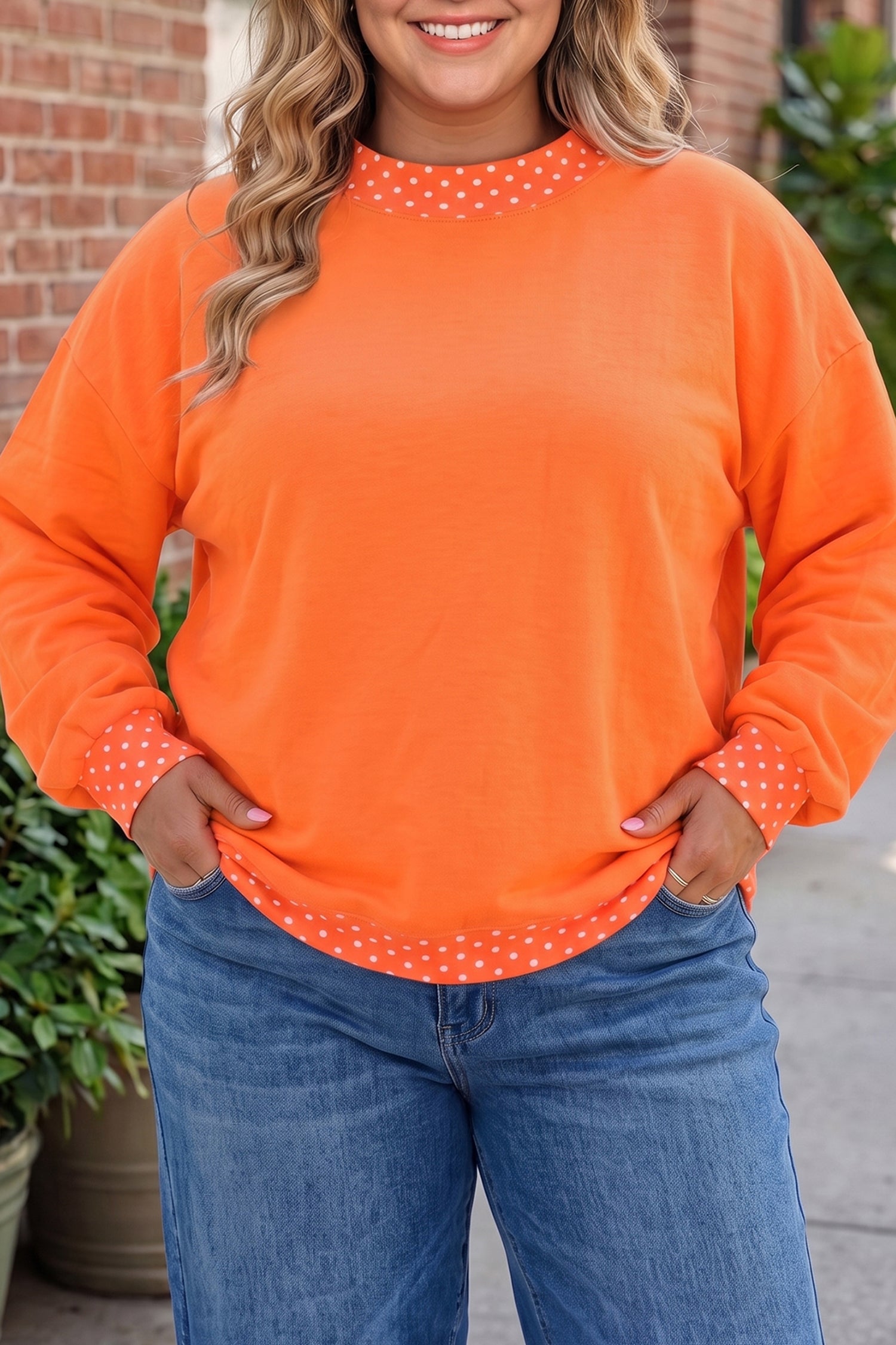 Red Polka Dot Patchwork Round Neck Plus Size Sweatshirt