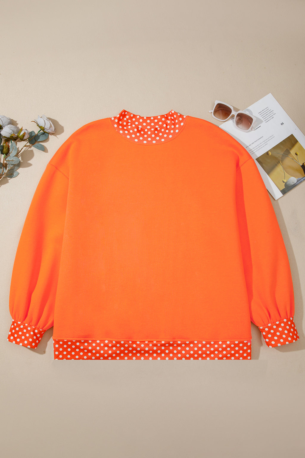 Red Polka Dot Patchwork Round Neck Plus Size Sweatshirt
