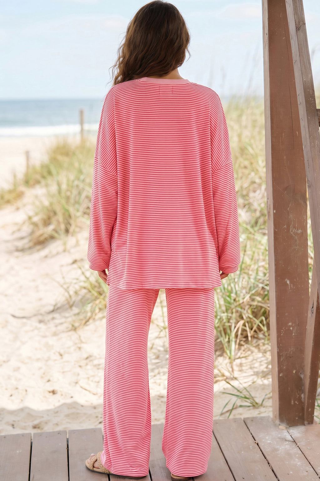 Pink Striped Drop Shoulder Long Sleeve Pant Set