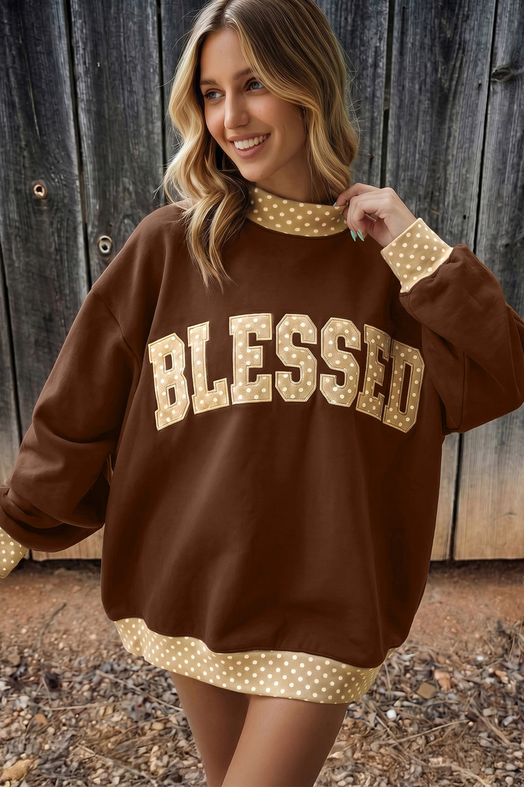 Parchment Leopard Trim High Neck FAITH Letter Graphic Baggy Sweatshirt