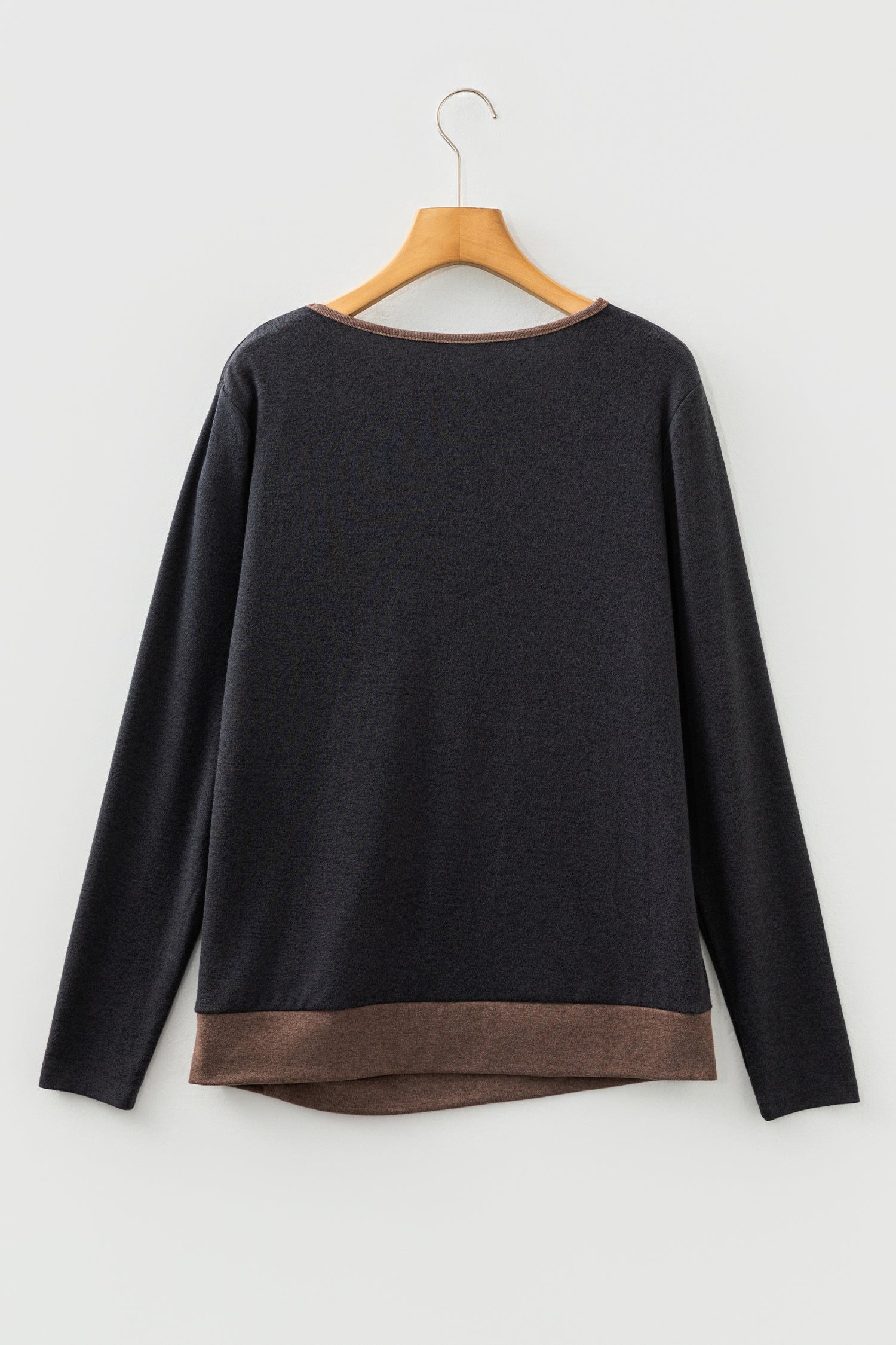 Chicory Coffee Color Block Trim V Neck Button Decor Long Sleeve Top