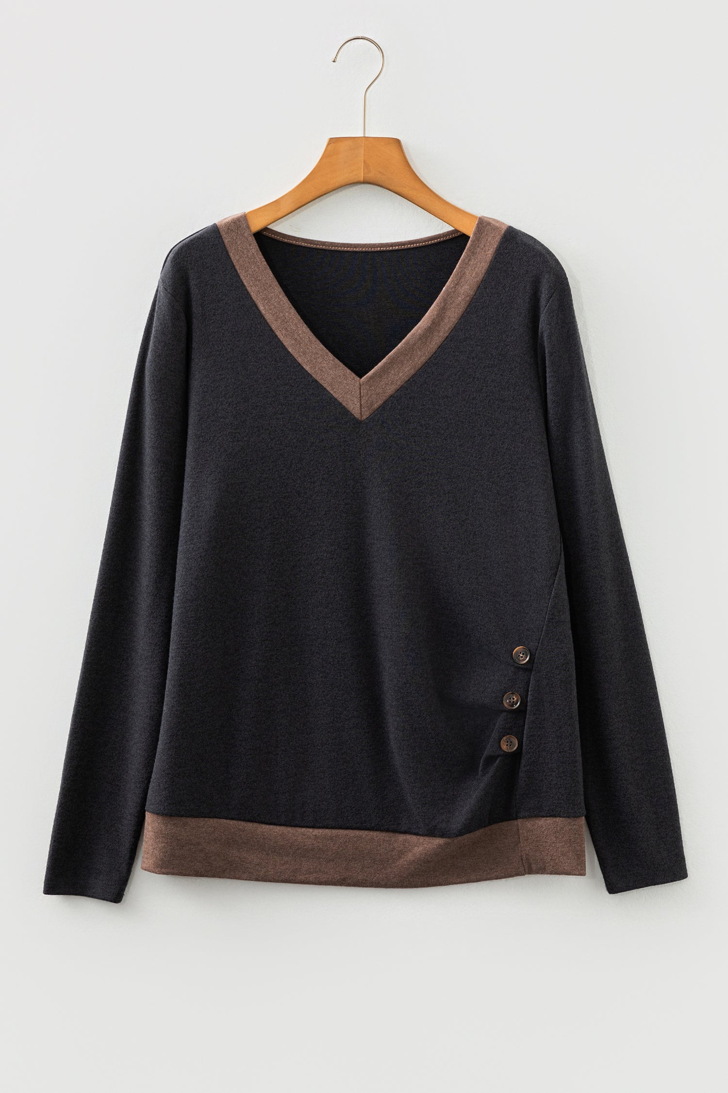 Chicory Coffee Color Block Trim V Neck Button Decor Long Sleeve Top