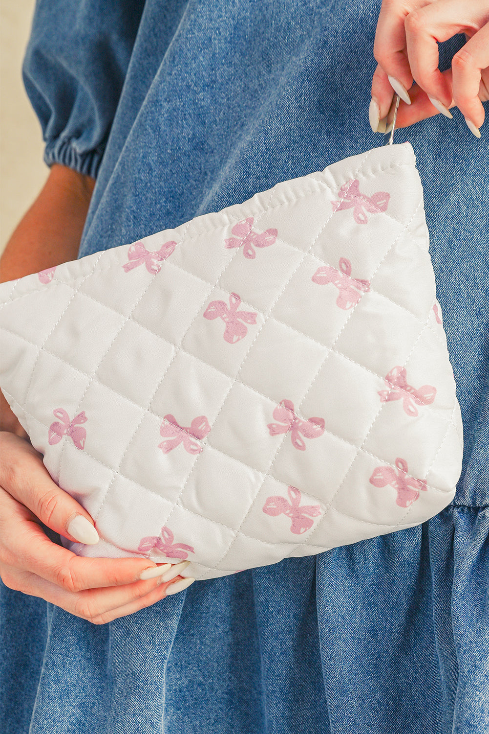 Pink Bow Knot Print Zipper Quilted Large Cosmetic Bag