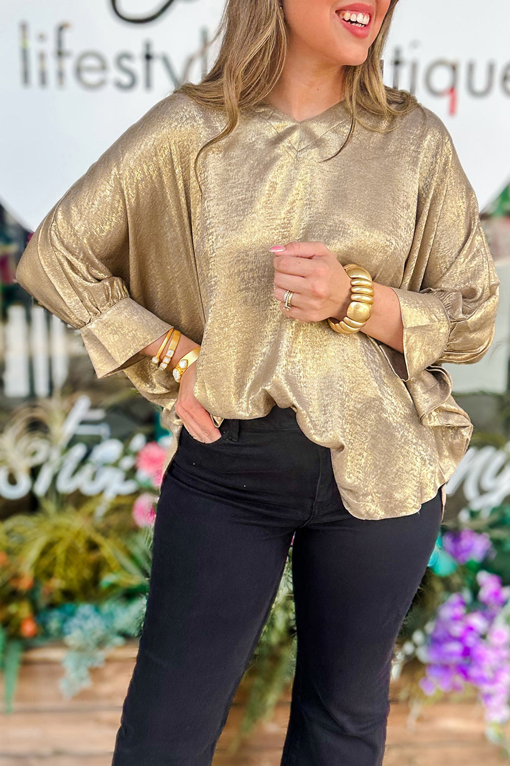 Parchment Metallic V Neck Button Cuffed Long Sleeve Dolman Blouse