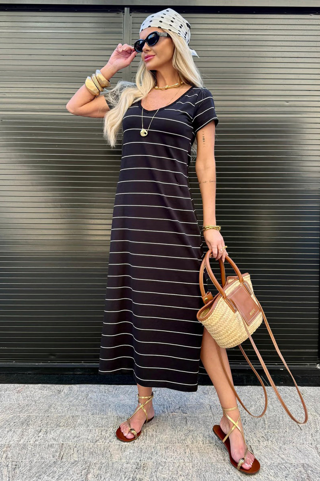 Khaki Stripe Casual Short Sleeve Side Slit Maxi T Shirt Dress