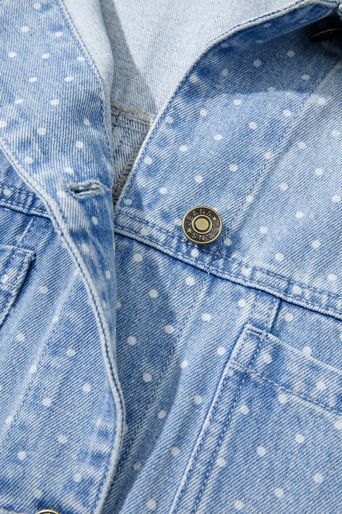 Sky Blue Polka Dot Long Sleeve Collar Pocket Casual Shift Silhouette Denim Jacket