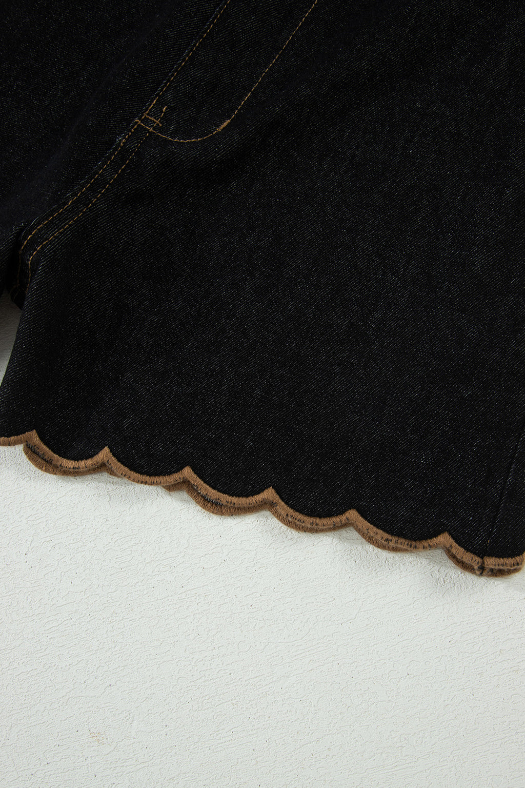 Navy Blue Embroidered Scalloped Trim Relaxed Denim Shorts