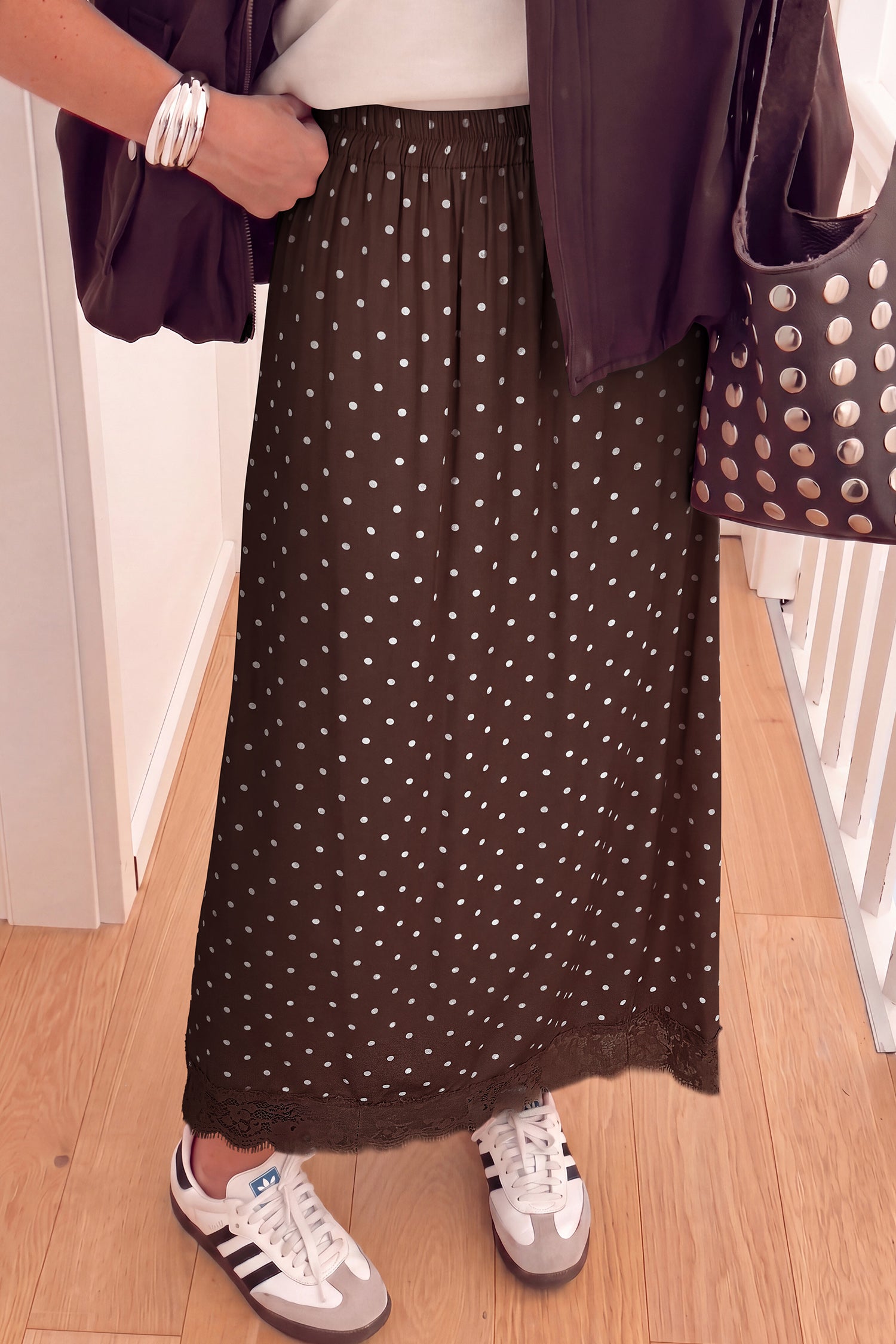 Khaki Polka Dot Lace Hem Elegant Long Shift Skirt