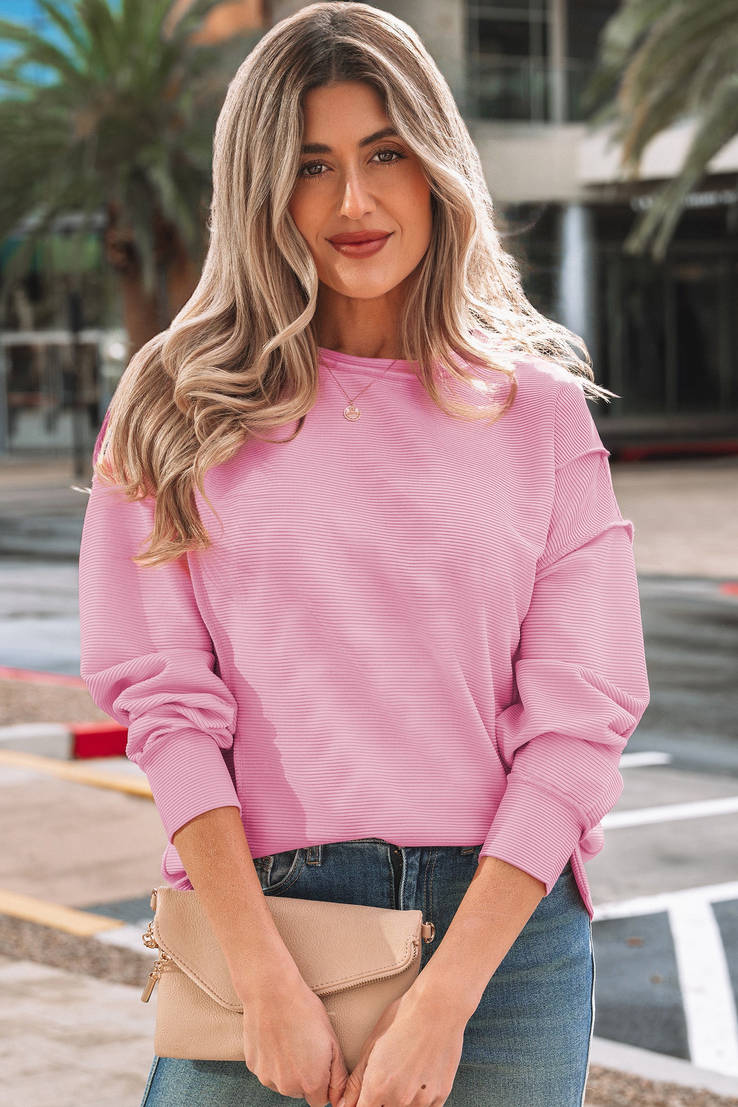 Sea Green Horizontal Ribbed Exposed Seam Detail Drop Shoulder Baggy Pullover